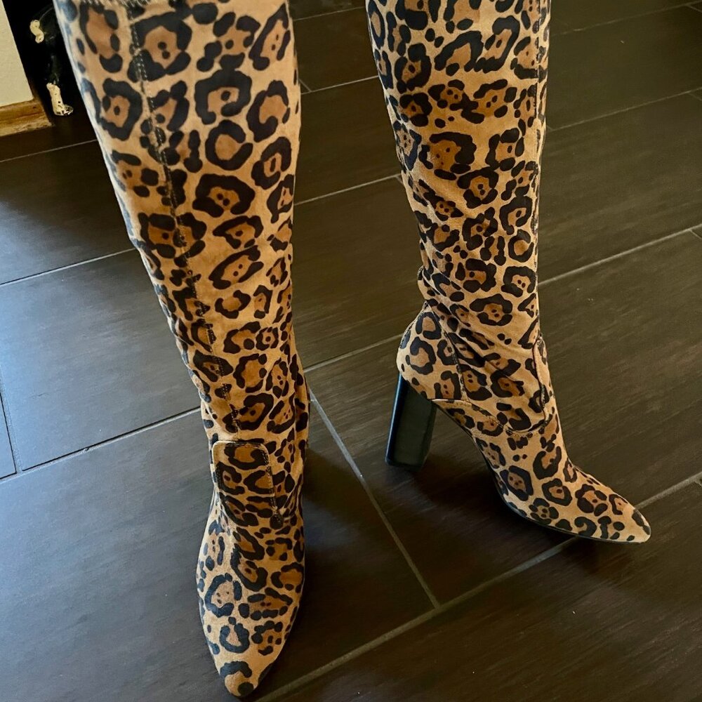 GORGEOUS Franco Sarto Knee-High Leopard-Print Stretch Boot, Size 9.5
